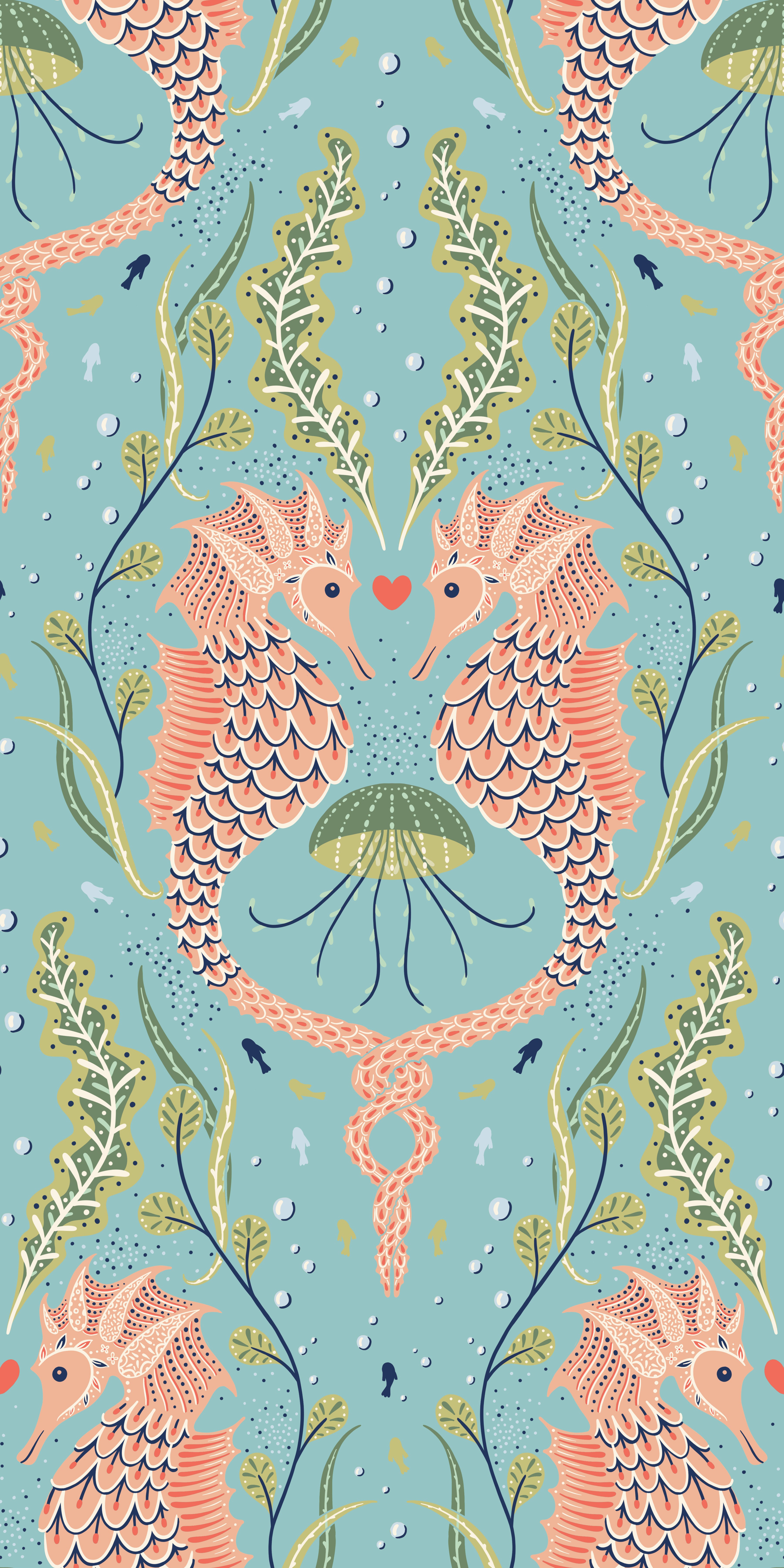 Seahorse pattern with plants and jellyfish on a blue background